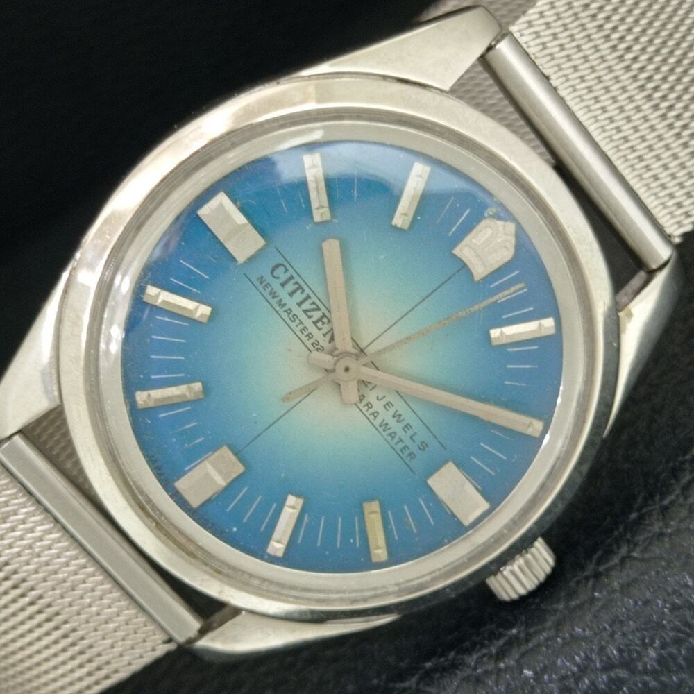 Vintage 1971 Citizen Manual Wound Mens Silver Watch & Blue accents
